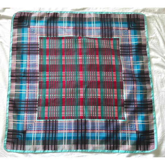 Vintage Morsly Scarf Tartan Plaid Square Geometric Italy 27" Blue Green - Picture 6 of 10